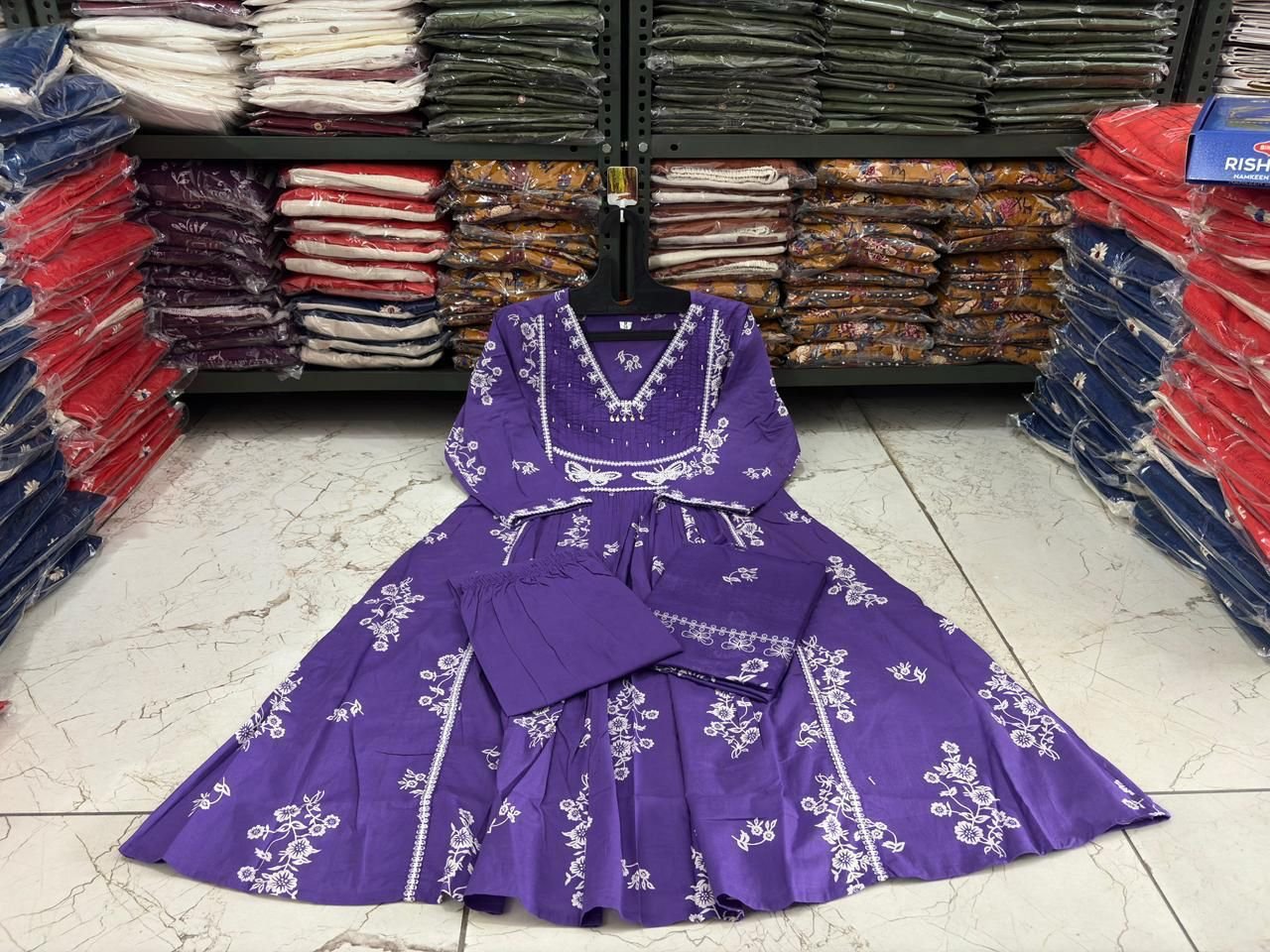 Purple Cotton Discharge Printed Suit Set with Embroidery